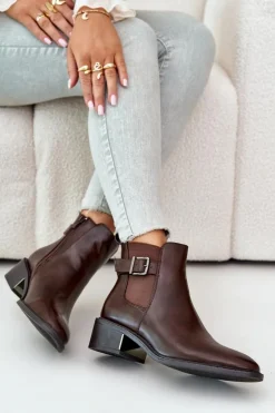 Botki Sztyblety Damskie Na Niskim Obcasie Ze Złotą Klamrą Brązowe Vomera