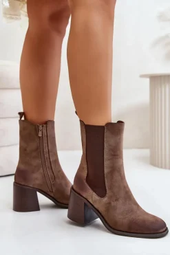 Botki Sztyblety Damskie Na Obcasie Słupku Z Eko Zamszu Brązowe Naorita