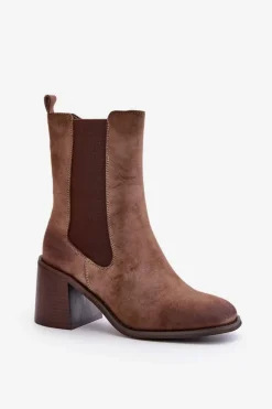 Botki Sztyblety Damskie Na Obcasie Słupku Z Eko Zamszu Brązowe Naorita