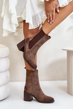 Botki Sztyblety Damskie Na Obcasie Słupku Z Eko Zamszu Brązowe Naorita