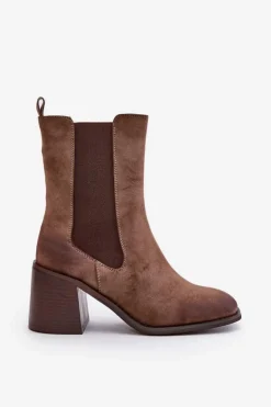 Botki Sztyblety Damskie Na Obcasie Słupku Z Eko Zamszu Brązowe Naorita