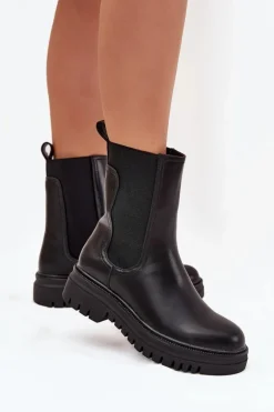 Botki Sztyblety Damskie Na Platformie I Płaskim Obcasie Wsuwane Czarne Ravessa