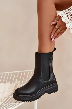 Botki Sztyblety Damskie Na Platformie I Płaskim Obcasie Wsuwane Czarne Ravessa