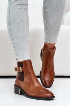 Botki Sztyblety Damskie Na Niskim Obcasie Ze Złotą Klamrą Camel Vomera