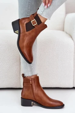 Botki Sztyblety Damskie Na Niskim Obcasie Ze Złotą Klamrą Camel Vomera