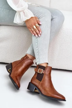 Botki Sztyblety Damskie Na Niskim Obcasie Ze Złotą Klamrą Camel Vomera