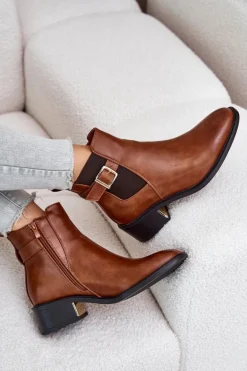 Botki Sztyblety Damskie Na Niskim Obcasie Ze Złotą Klamrą Camel Vomera