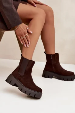 Botki Sztyblety Damskie Ocieplane Na Zamek Eko Zamszowe Czekoladowe Fivienne