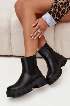 Botki Sztyblety Damskie Ocieplane Na Zamek Eko Skórzane Czarne Fivienne
