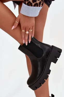 Botki Sztyblety Damskie Ocieplane Na Zamek Eko Skórzane Czarne Fivienne