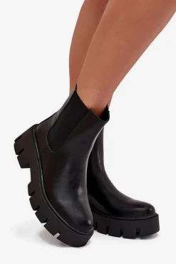 Botki Sztyblety Damskie Ocieplane Na Zamek Eko Skórzane Czarne Fivienne