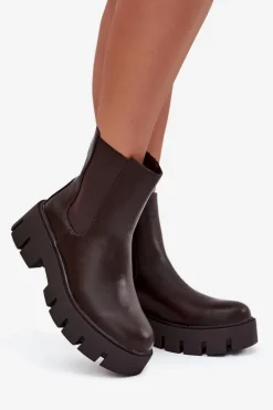 Botki Sztyblety Damskie Ocieplane Na Zamek Eko Skórzane Ciemnobrązowe Fivienne