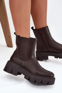 Botki Sztyblety Damskie Ocieplane Na Zamek Eko Skórzane Ciemnobrązowe Fivienne
