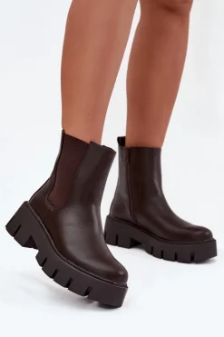 Botki Sztyblety Damskie Ocieplane Na Zamek Eko Skórzane Ciemnobrązowe Fivienne