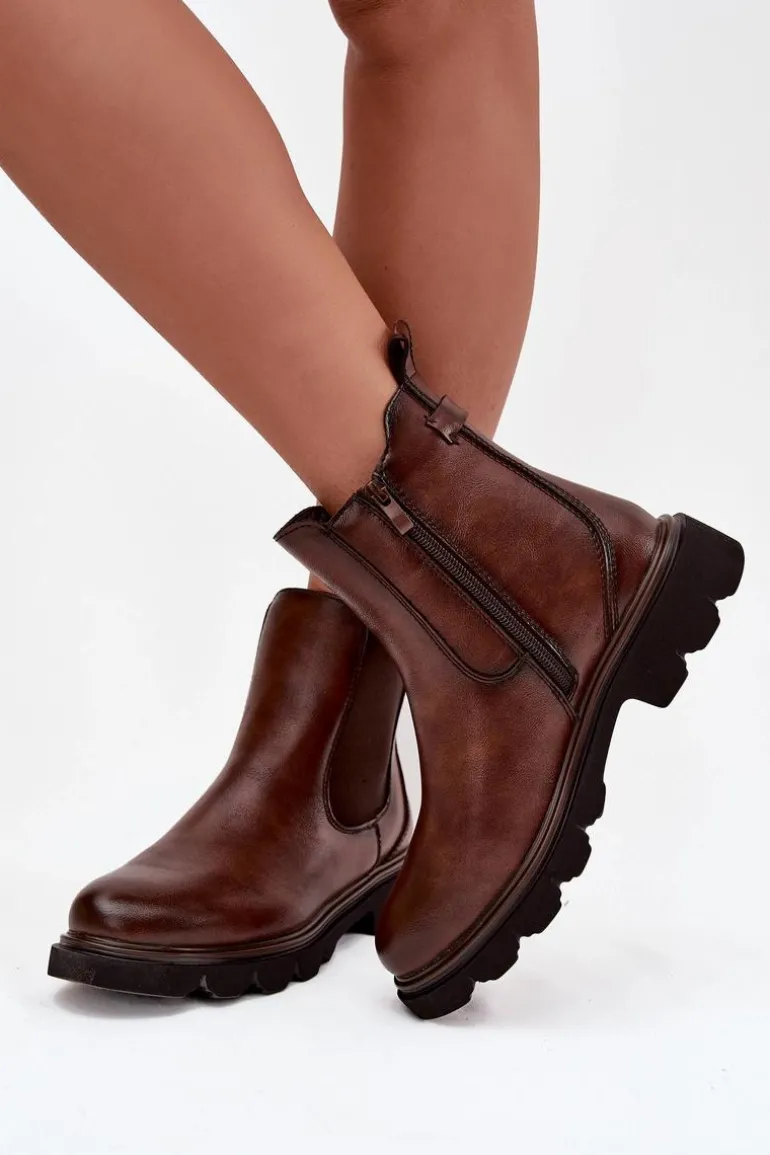 Botki Sztyblety Damskie Ocieplane Na Zamek Brązowe Rivelia