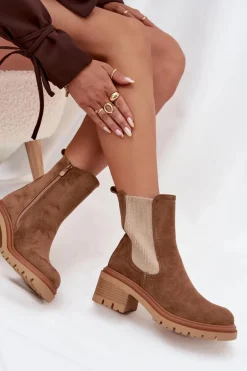 Botki Sztyblety Damskie Ocieplane Na Klocku Ciemnobeżowe Zoralia