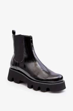 Botki Sztyblety Damskie Skórzane Na Masywnej Podeszwie Laura Messi 2571 Czarne