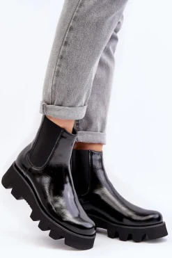 Botki Sztyblety Damskie Skórzane Na Masywnej Podeszwie Laura Messi 2571 Czarne