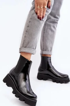 Botki Sztyblety Damskie Skórzane Na Masywnej Podeszwie Laura Messi 2571 Czarne