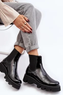 Botki Sztyblety Damskie Skórzane Na Masywnej Podeszwie Laura Messi 2571 Czarne