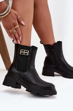 Botki Sztyblety Damskie Ze Złotym Detalem Ocieplane Czarne Serene