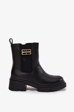 Botki Sztyblety Damskie Ze Złotym Detalem Ocieplane Czarne Serene