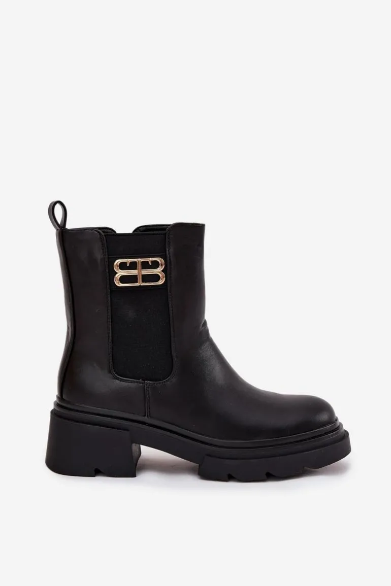 Botki Sztyblety Damskie Ze Złotym Detalem Ocieplane Czarne Serene