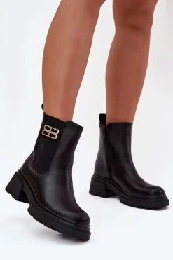 Botki Sztyblety Damskie Ze Złotym Detalem Ocieplane Czarne Serene