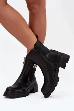 Botki Sztyblety Damskie Ze Złotym Detalem Ocieplane Czarne Serene