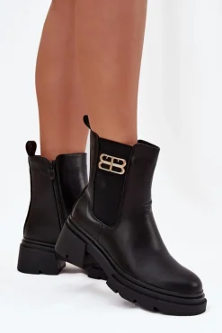 Botki Sztyblety Damskie Ze Złotym Detalem Ocieplane Czarne Serene
