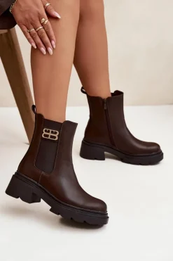 Botki Sztyblety Damskie Ze Złotym Detalem Ocieplane Brązowe Serene