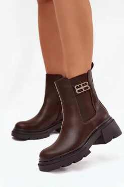 Botki Sztyblety Damskie Ze Złotym Detalem Ocieplane Brązowe Serene