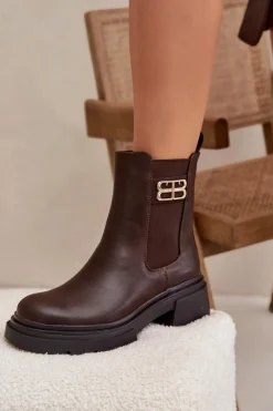 Botki Sztyblety Damskie Ze Złotym Detalem Ocieplane Brązowe Serene