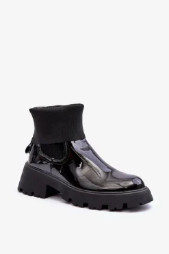 Botki Sztyblety Lakierowane Damskie Czarne Pavo