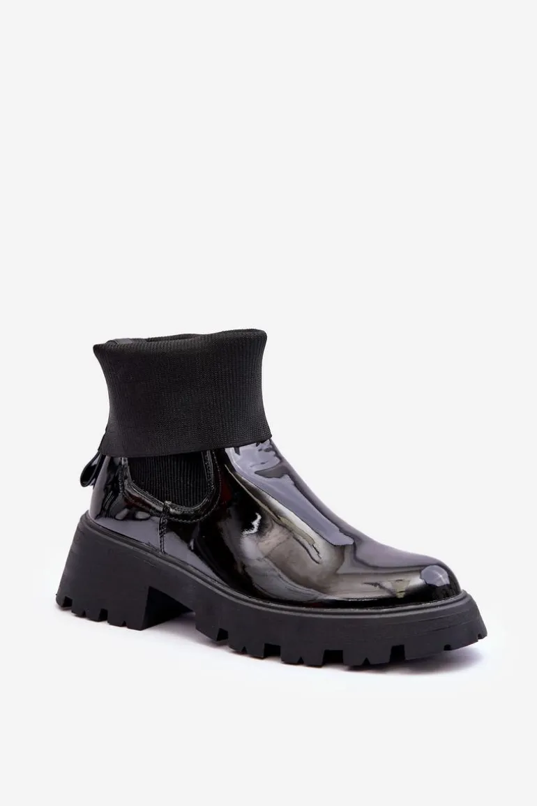 Botki Sztyblety Lakierowane Damskie Czarne Pavo