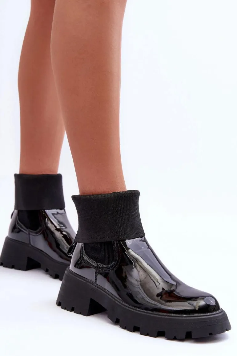 Botki Sztyblety Lakierowane Damskie Czarne Pavo