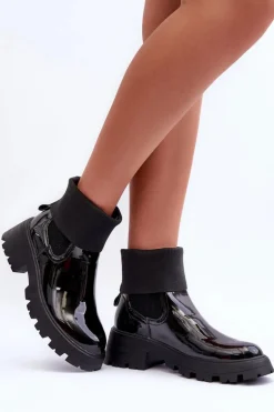 Botki Sztyblety Lakierowane Damskie Czarne Pavo