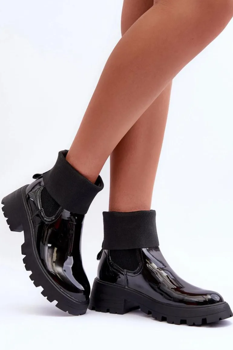 Botki Sztyblety Lakierowane Damskie Czarne Pavo