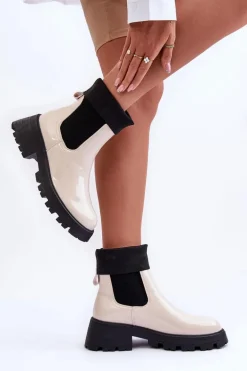 Botki Sztyblety Lakierowane Damskie Beżowe Pavo