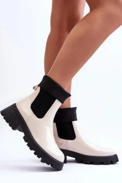 Botki Sztyblety Lakierowane Damskie Beżowe Pavo