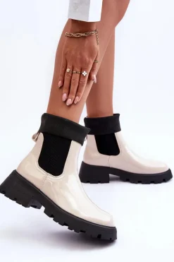 Botki Sztyblety Lakierowane Damskie Beżowe Pavo