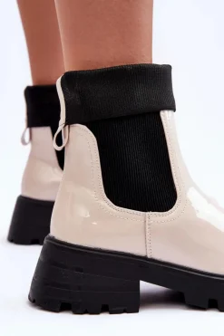 Botki Sztyblety Lakierowane Damskie Beżowe Pavo