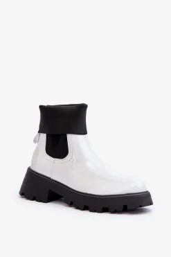 Botki Sztyblety Lakierowane Damskie Białe Pavo