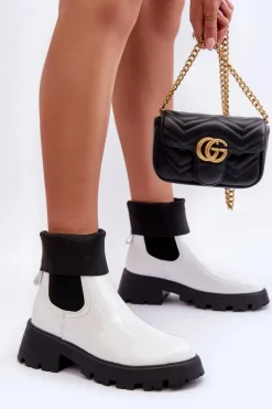 Botki Sztyblety Lakierowane Damskie Białe Pavo