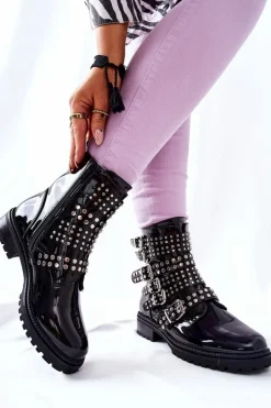 Botki Sztyblety Lakierowane Z Paskami Czarne Marchelli