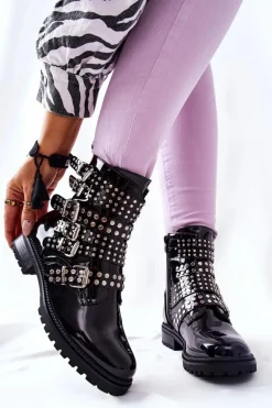 Botki Sztyblety Lakierowane Z Paskami Czarne Marchelli