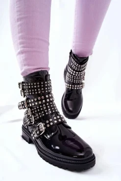 Botki Sztyblety Lakierowane Z Paskami Czarne Marchelli