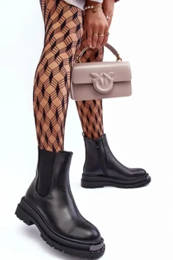 Botki Sztyblety Na Płaskim Obcasie I Platformie Czarne Linestta