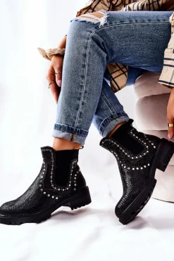 Botki Sztyblety Na Płaskim Obcasie Ćwieki Czarne Shivers