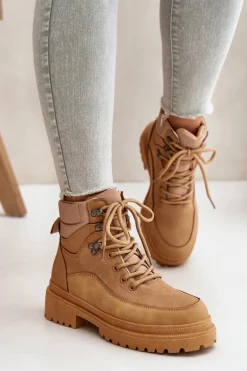 Botki Trapery Damskie Sznurowane Camel Rabaria